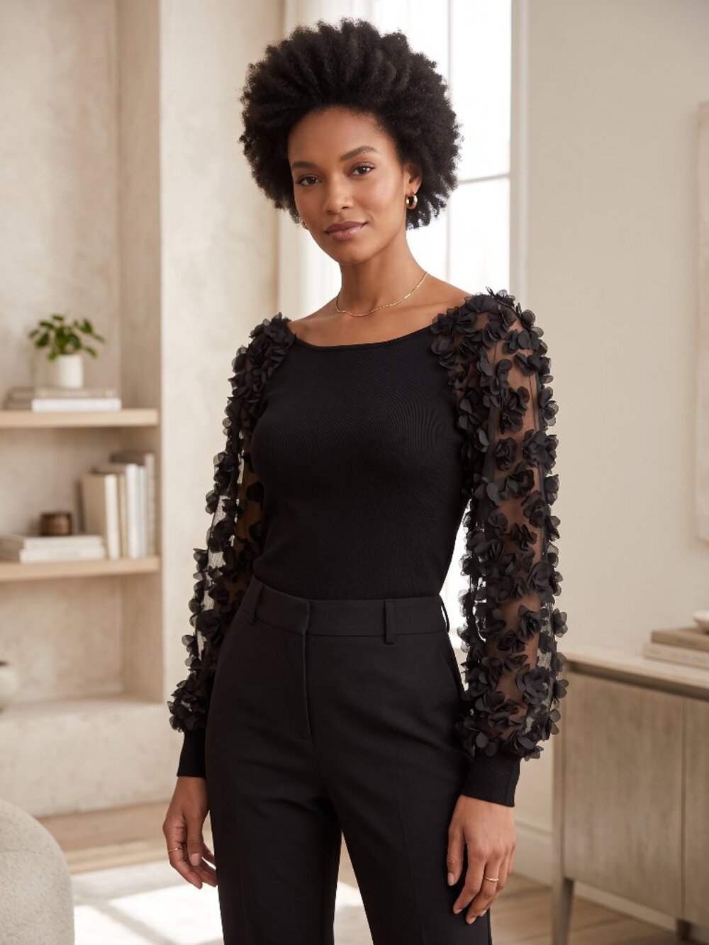 Marc New York Black 3D Floral Ruffle Sheer Statement Sleeve Top M